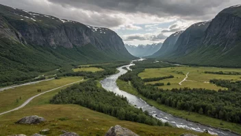 Et pittoreskt dal i Norge med en fredelig atmosfære.