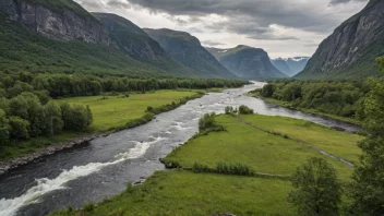 Et fredelig landskap av Vanylven-elven som renner gjennom Vanylven kommune i Norge.