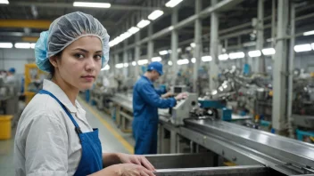 En fabrikkarbeider i en produksjonslinje, med en bakgrunn av maskiner og produksjonsutstyr.