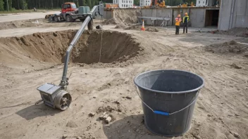 En byggeplass med en mikser og en bøtte byggmelet