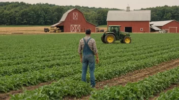 En jordbruker som arbeider i et jorde med en traktor og en låve i bakgrunnen