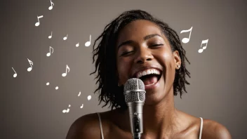 En person synger med et stort smil på ansiktet, omgitt av musikalske noter og lydbølger.