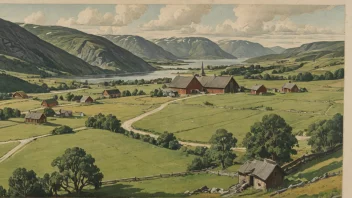 Et detaljert bilde av et norsk landskap med en gård og åkrer, med et dokument eller et kart i forgrunnen.