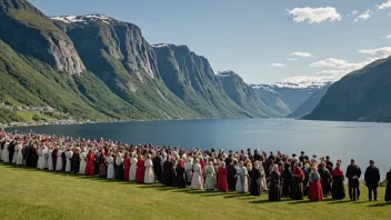 Et tradisjonelt norsk landsturnstevne, med mennesker samlet rundt et bord som spiser og drikker sammen.