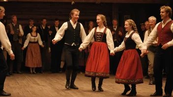 En gruppe mennesker danser en tradisjonell norsk dans, bryggedans, i tradisjonelle klær.