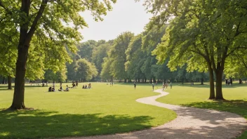 Et fredelig landskap av en park med mennesker som piknikker, spiller spill og nyter utendørsaktiviteter.