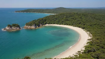 En landtunge, en naturskapt utstikkende del av land, omgitt av vann og med en strand i forgrunnen.