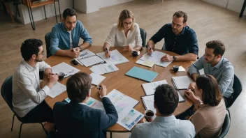 En gruppe mennesker sitter rundt et bord, diskuterer og brainstormer strategier.