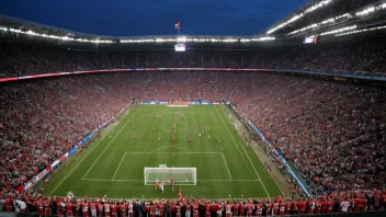 Et fotballstadion fylt med begeistrede tilskuere, norske flagg som vifter i luften, og en stor trofé i midten av banen.