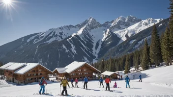 En naturskjønn utsikt over mennesker som nyter alpine aktiviteter i fjellene.