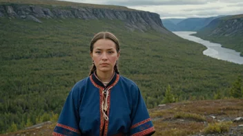 En samisk person i tradisjonelle klær, stående foran et storslått naturlandskap, med en tankefull uttrykk i ansiktet.