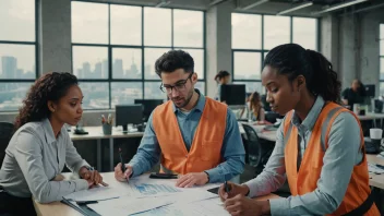 En gruppe mennesker med ulike yrker og ferdigheter som jobber sammen på et kontor eller en fabrikk, med en by eller industriell bakgrunn.