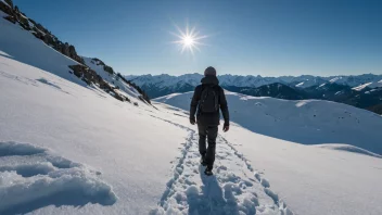 En person som prøver å gå gjennom et hardt, isete snødekke i fjellet.