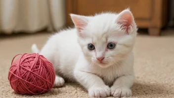 En søt liten kitling som leker med en ball av garn