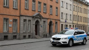 En politibil parkert i en bygate, med en blanding av gamle og nye bygninger i bakgrunnen.