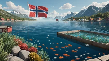 Et bilde av en fiskeoppdrettsanlegg med norsk flagg, som representerer reguleringen av fiskeoppdrett i Norge.