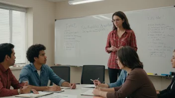 En gruppe mennesker som sitter rundt et bord, med en whiteboard i bakgrunnen, diskuterer og arbeider sammen.