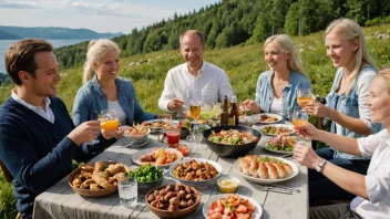 En festlig scene med mennesker som nyter tradisjonell norsk mat og selskap.