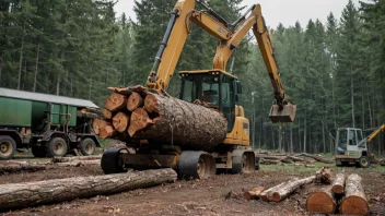 En maskin som fjerner bark fra en trestamme, med en bakgrunn av en skog eller en treforedlingsfabrikk.