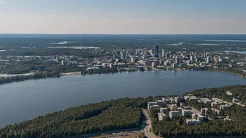 Lahtis bybilde med en blanding av moderne og tradisjonelle bygninger, omgitt av trær og en innsjø