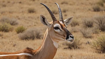 En antilope som står i en gressrik savanne, med en klar blå himmel i bakgrunnen.