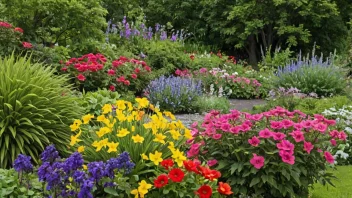 En fargerik og frodig hage med en blanding av blomster i ulike farger og former.