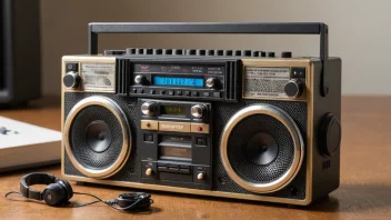 Et miniatyr boombox med en mikstape og hodetelefoner.