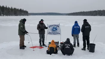 En scene med mennesker som deltar i en isfiskekonkurranse på en frossen innsjø.