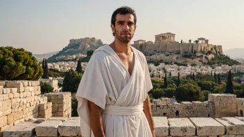 En mann kledd i en hvit toga, som symboliserer gammelgresk kultur, står foran den ikoniske Akropolis i Aten, Hellas.