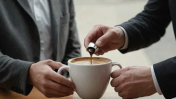 En person som holder en kopp kaffe og tilbyr den til en annen person med et vennlig smil.