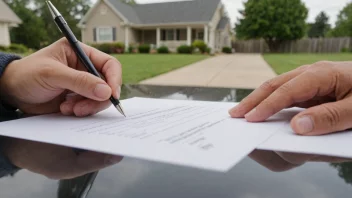 En person som signerer et lånedokument med et hus i bakgrunnen.