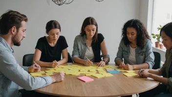 En gruppe mennesker som sitter rundt et bord, brainstormer og skriver ned ideer på lapper.