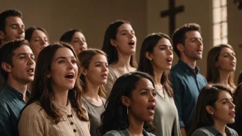 En gruppe mennesker synger sammen i en kirke eller konsertsal, med en varm og koselig atmosfære.