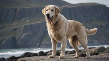 En norsk selhund, en mellomstor hund med en tykk pels og et vennlig uttrykk, står på en steinete kystlinje med en sel i bakgrunnen.