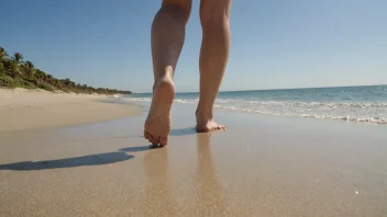 En person går barfota på en sandstrand med en klar blå himmel i bakgrunnen.