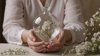 En person holder forsiktig et skjørt objekt i hendene sine, omgitt av skjøre blomster eller glassvarer, som symboliserer handlingen å beskytte og bevare noe sårbart.