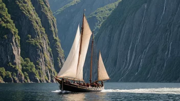 En tradisjonell norsk jernbåt seiler på en fredelig fjord, omgitt av frodige grønne fjell.