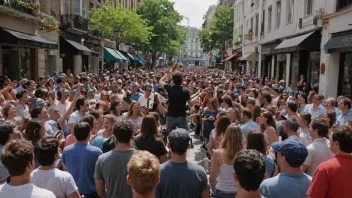 En gatekonsert med et band som spiller musikk og folk samlet rundt