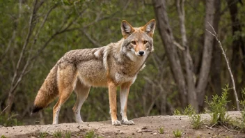 En coyote løper gjennom en skog.