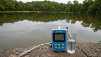 En fredelig innsjø med en pH-meter i forgrunnen, som viser en nedgang i pH-nivåer.