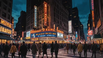 Et bilde av Broadway-teaterdistriktet i New York City, som viser dets levende atmosfære og ikoniske landemerker.