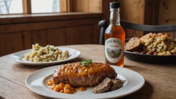 En flaske Linjeakevitten på et trebord med et glass og en tallerken med tradisjonell norsk mat i bakgrunnen.