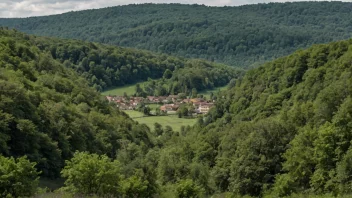 Et malerisk skoglandskap med en liten landsby i bakgrunnen, som illustrerer forholdet mellom skogen og lokalsamfunnet