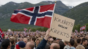 En person som holder et skilt med ordet 'krekets' skrevet på det, med et norsk flagg i bakgrunnen.