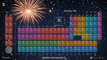 Et bilde av periodesystemet med Strontium fremhevet, som symboliserer dets anvendelser i pyroteknikk og medisin.