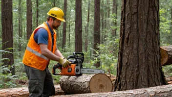 En sagbruksarbeider som jobber i skogen, og kutter ned et tre.