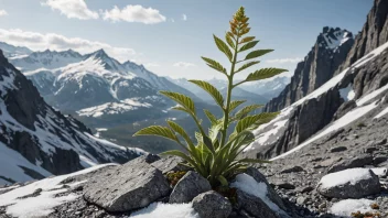 En fjellplante med små, hardføre blader og en sterk stengel, som vokser i en steinete sprekk med et snødekt fjellandskap i bakgrunnen.