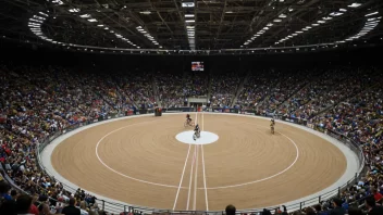 En stor, innendørs sykkelvelodrom med en sirkulær bane og tilskuere på tribunen.