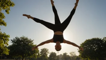 En person i en park som gjør morgengymnastikk med et stort smil på ansiktet