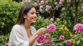 En person som nyter duften av en vakker blomst i en hage